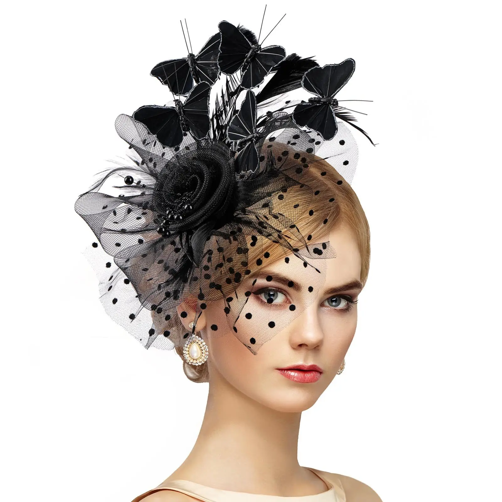 Vintage Women Bridal Butterfly Feather Fascinator Headband Polka Dot Mesh Beaded Flower Hair Hoop For Wedding Cocktail Tea Party