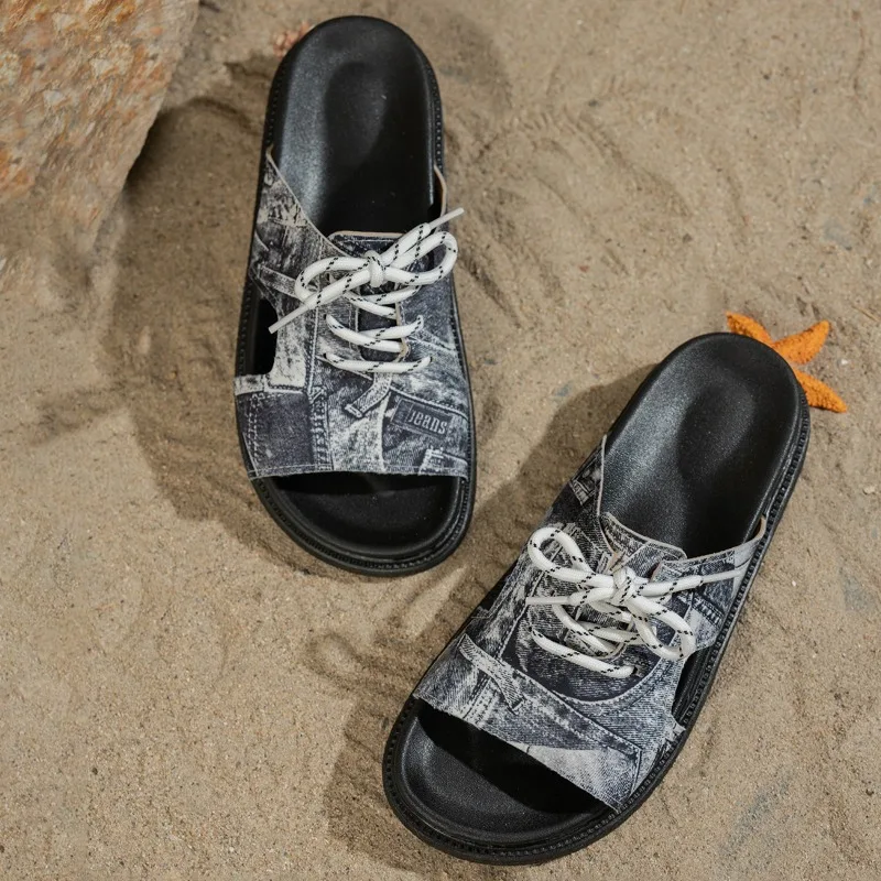 Slippers Summer New Round Toe Open Toe Denim Lace-Up Platform Versatile Flip-Flops view 5