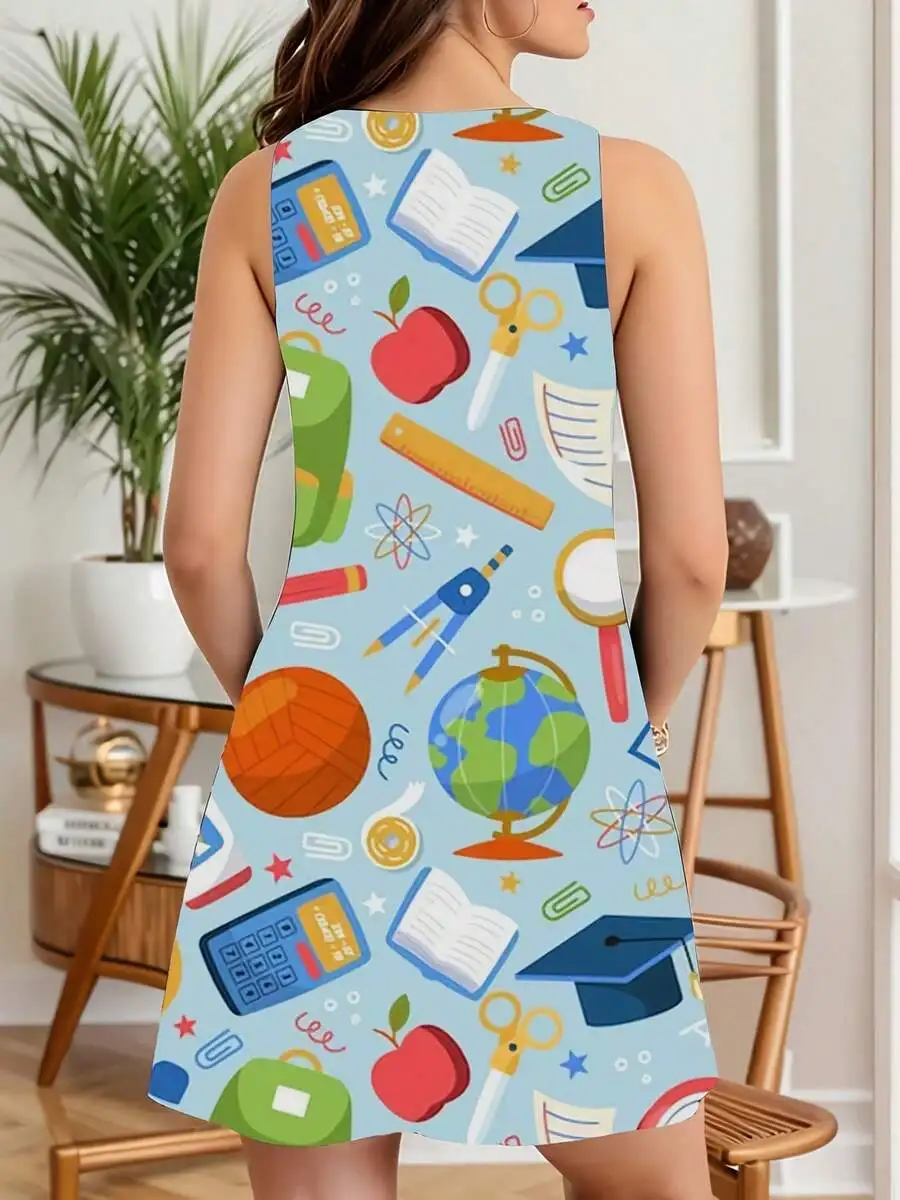 

Women Sleeveless Dress School Supplies Print Back To School