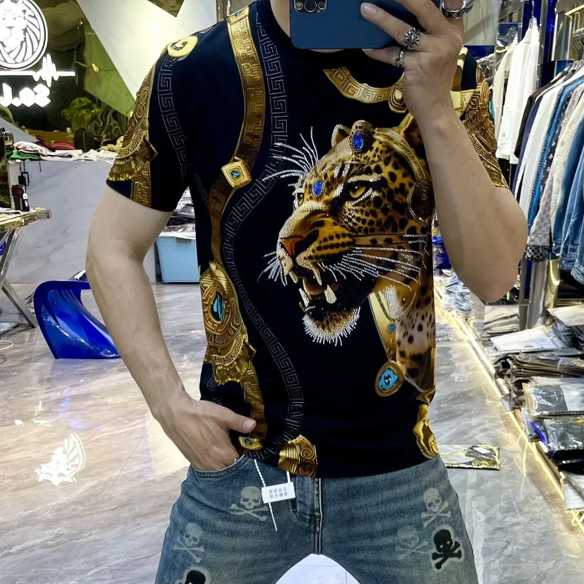 2024 Summer New European Men\'s Tiger Head T-Shirt Quality Casual Sports Short Sleeve T-Shirt