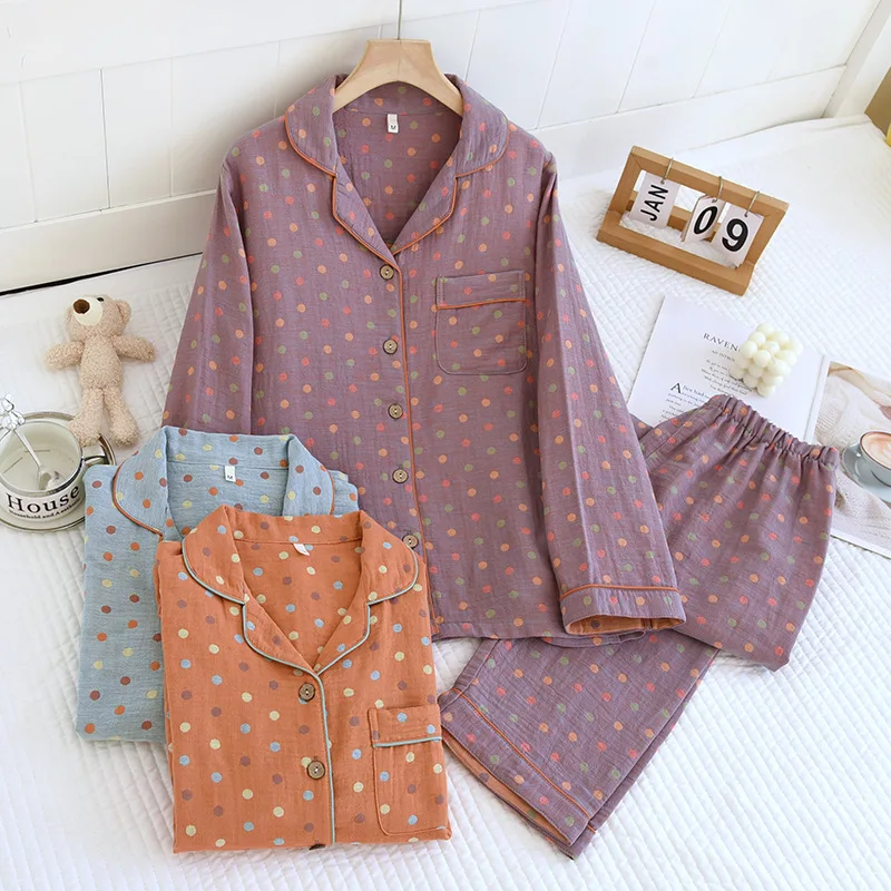 

Cotton Gauze Polka Dot Printed Sleepwear Women Clothes for Spring and Autumn Long Sleeved Loose Oversized Home Suit