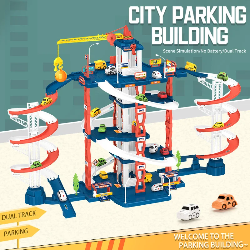 City building parking multi-layer rotating track puzzle stitching toys Equipped with a lift and a crane hook Gifts for boys