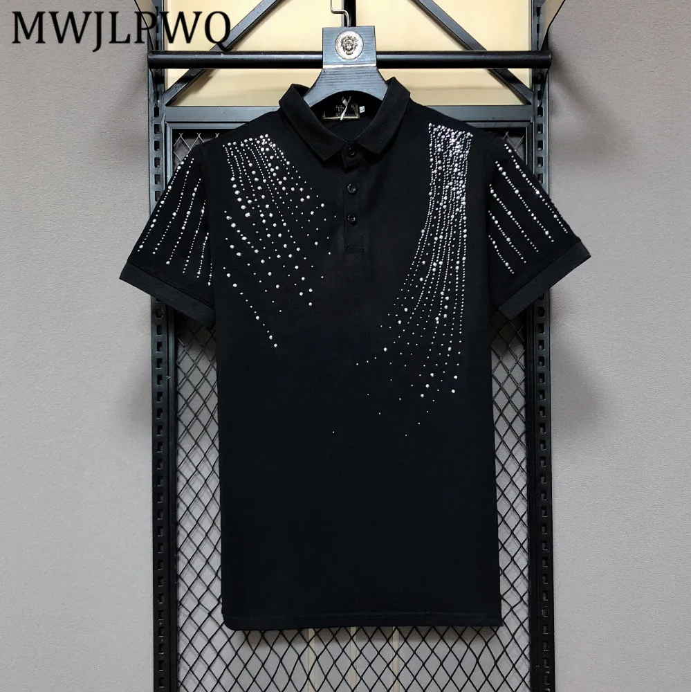 

MWJLPWQ Rhinestones Design Collared Short-Sleeve Polo Shirt For Men Trendy Summer New Style T-Shirt Slim Fit Casual Tops 15490