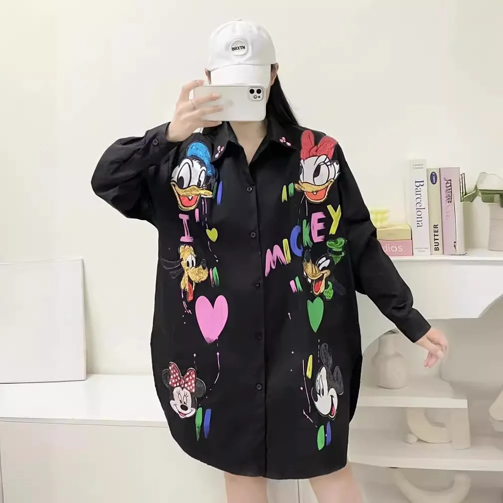 Cartoon Printed Sequined Graffiti Shirt for Women 2024 Spring and Summer New Mid-Length Loose Long Sleeve Black Shirts Female