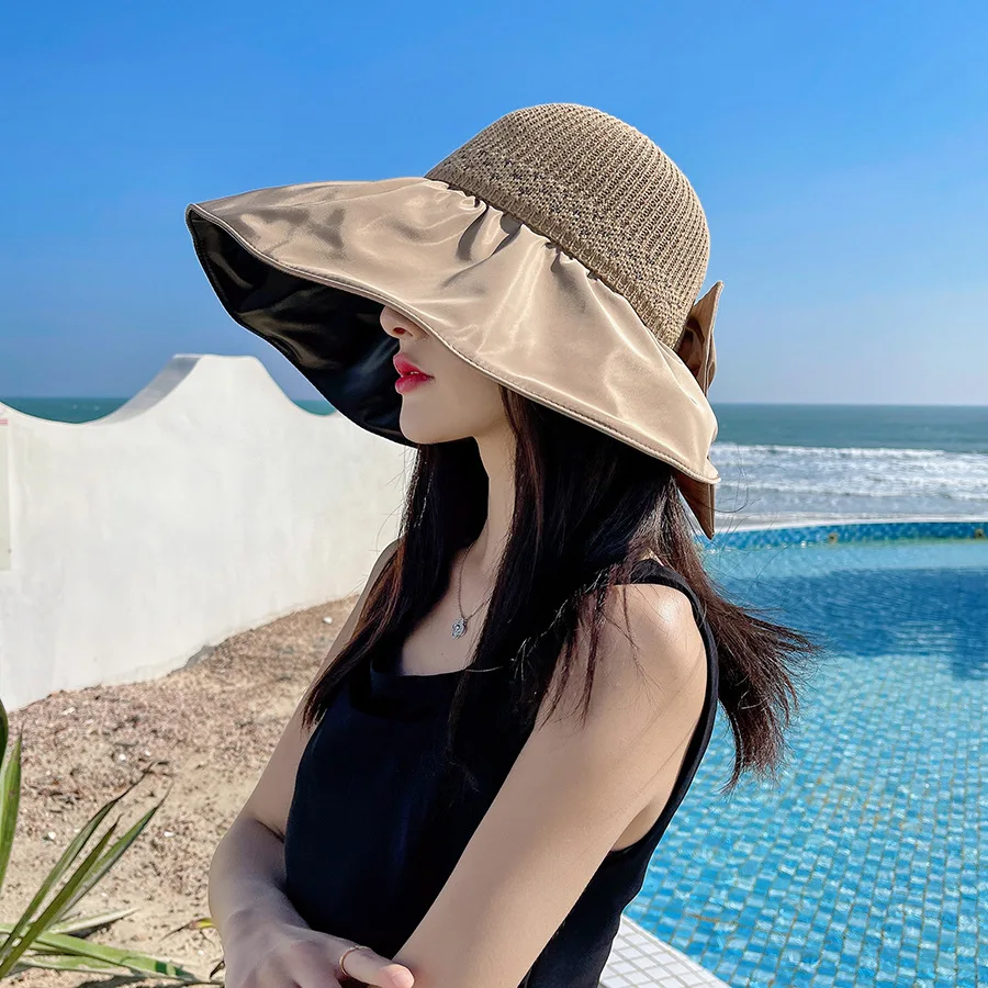 Large Brim Hat Korea Women Outdoor UV Big Head Sunhat Silver Silk Line Back Opening Bow Sun Hat Beach UPF50+ 56-58cm