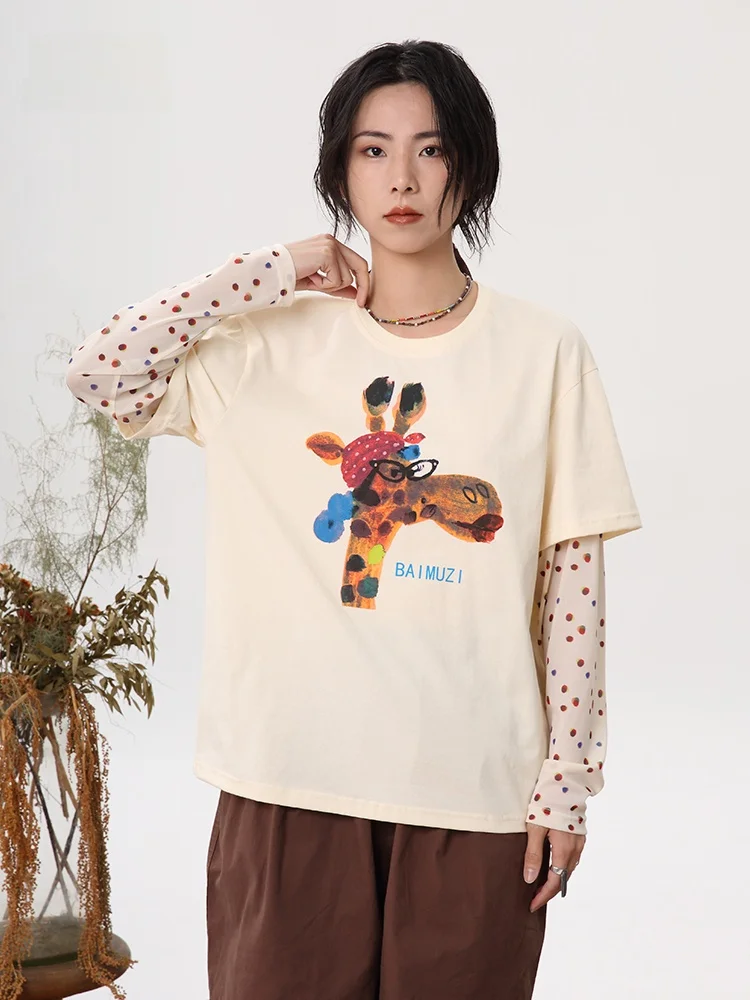 

Женский летний топ с креативным узором, новый, с цветными вставками, круглым вырезом, универсальный, из смесового хлопка и полиэстера