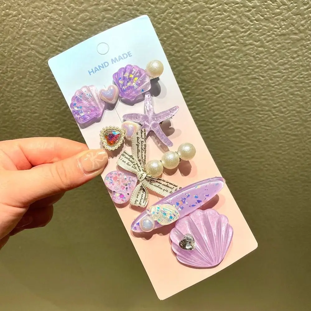5pcs New Ocean Series Shell Starfish Hair Clips Pink Pearl Mermaid Hairpins Purple Princess Headdress Girls