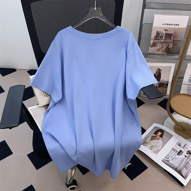 170Kg Plus Size Busto da donna 170 Estate Allentato con scollo a V Manica corta T-shirt Lettera stampata Top Nero Blu 4XL 5XL 6XL 7XL 8XL 9XL