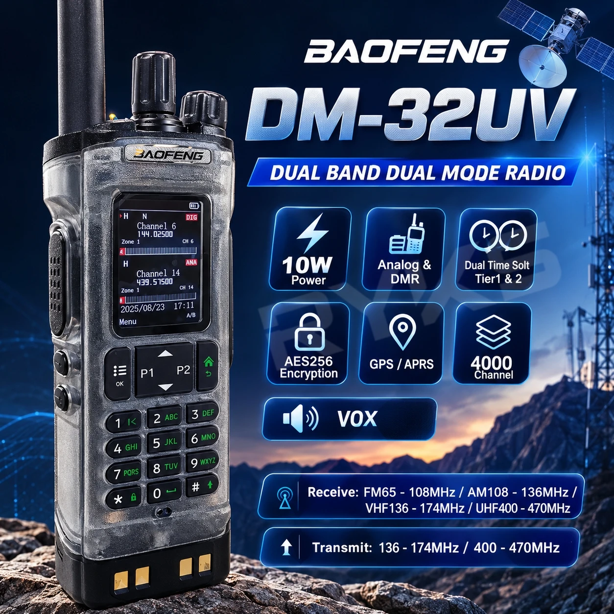 Baofeng Dm-32 Digital Walkie Talkie Gps Aprs Dual Mode Analog+Dmr Tdma Dual Time Slot Am Fm Ham Radio Dm-1701 Uv-32