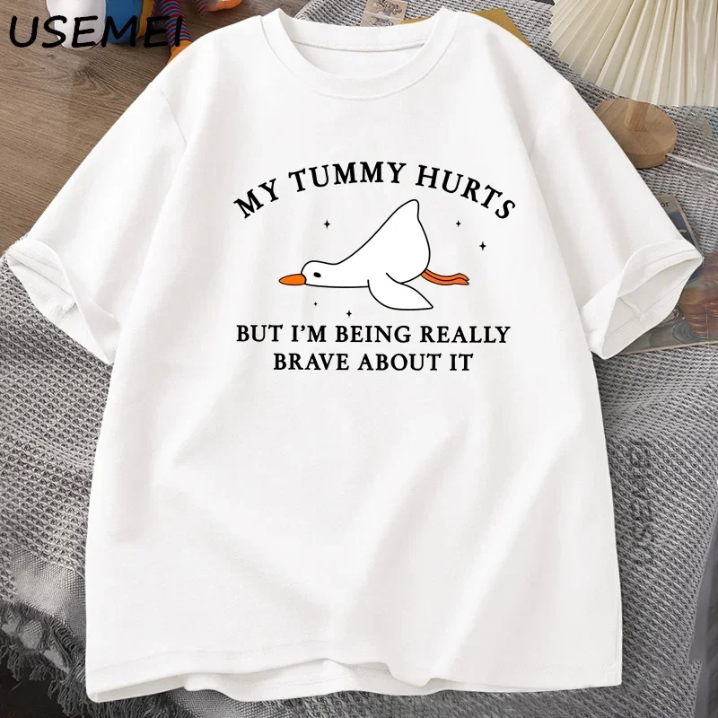 

Mens T-shirt Funny My Tummy Hurts But I'm Being Really Brave Silly Goose T Shirt Funny Loose Oversized Short Sleeved Tee