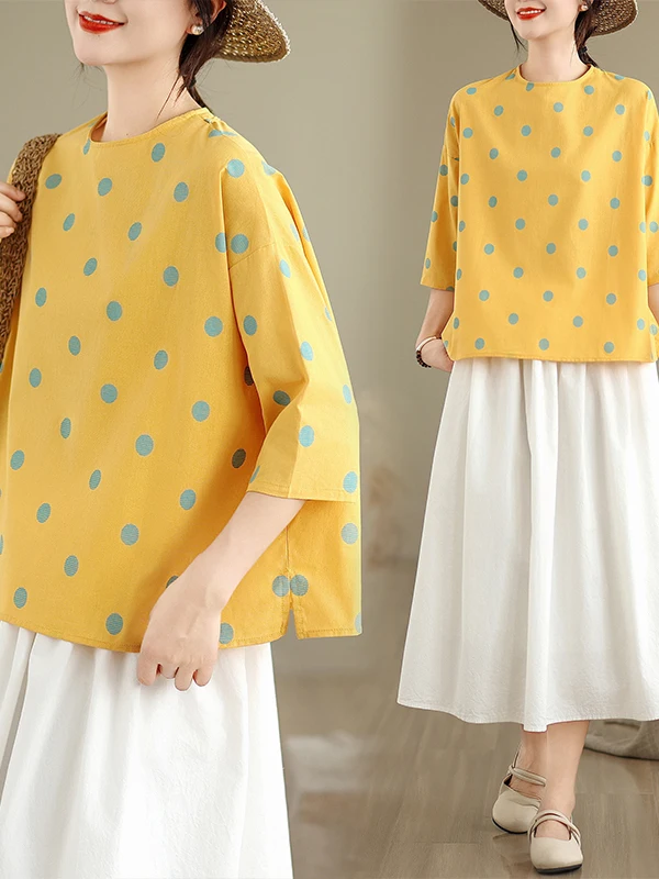 

Цветной топ в стиле ретро Blo irt Loose ort Sve Топ в горошек, большой размер, для похудения, повседневный, для поездок на работу, круглый, с зажимом для этикетки