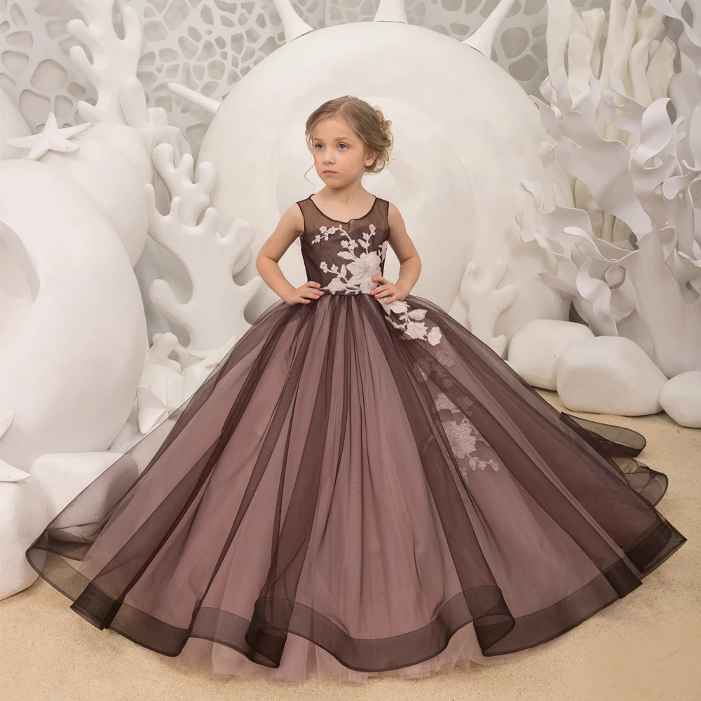 Black Tulle Princess Flower Girl Dresses For Wedding 2024 Elegant Applique Button Back Pageant Ball Gown For Photoshoot Birthday