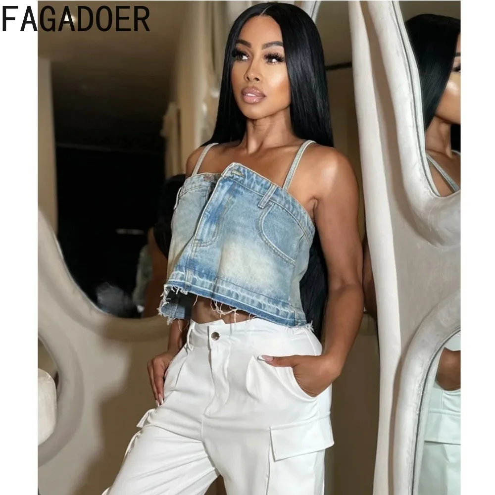 

FAGADOER Fashion Y2K Street Style Women Denim Thin Strap Sleeveless Button Vests Summer New Female Solid Pocket Cowboy Tank Tops