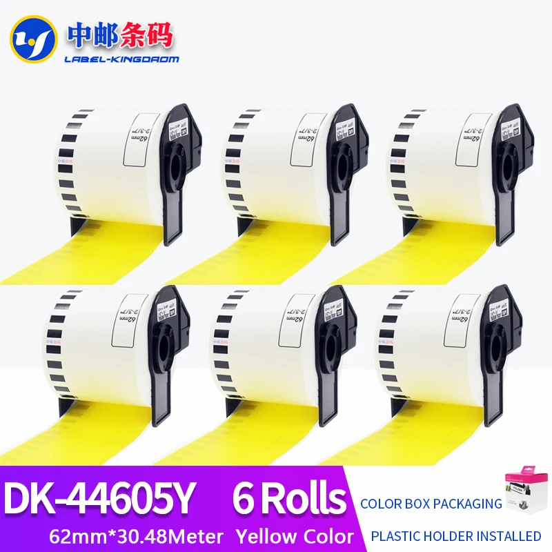 

6 Rolls Generic Brother DK-44605 Labels 62mm*30.48M Yellow Color Compatible for Brother QL-570/700 All Come With Plastic Holder