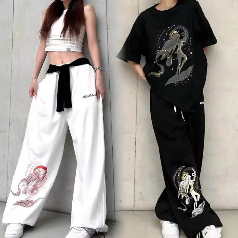 

Свободные повседневные брюки в стиле хип-хоп, уличная одежда для танцев, брюки, прямые брюки с широкими штанинами, молодежные энергетические брюки, всесезонные базовые брюки...