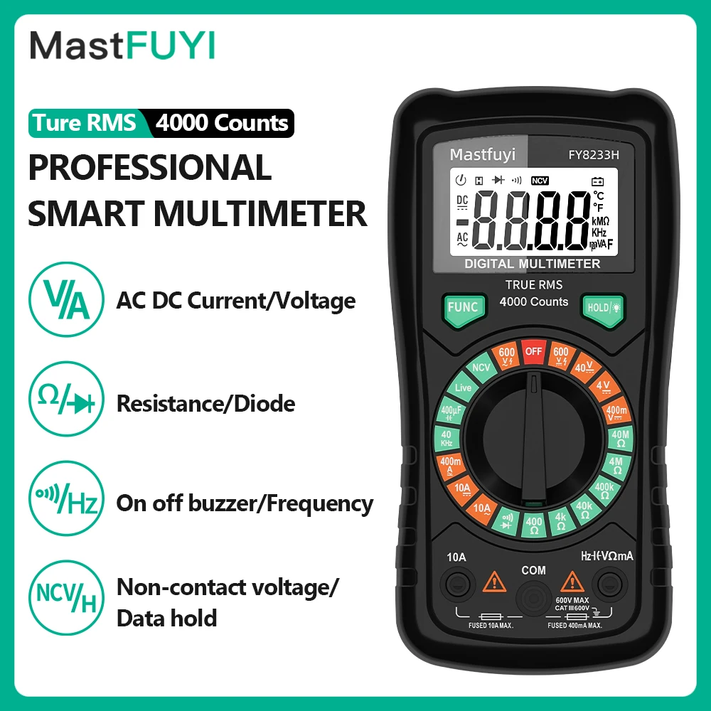 

MASTFUYI Digital Professional Multimeter 4000 Counts AC/DC Votage Tester NCV Capacitance Ohm Current Ammeter Detector Tool