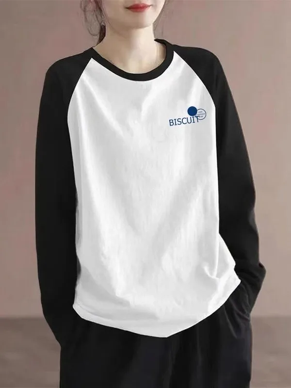 Chic Long Sleeve T-Shirt Women Base Shirt Color Block Cool Casual Cotton Top Shoulder Width Standard for Shopping And Daily Wear