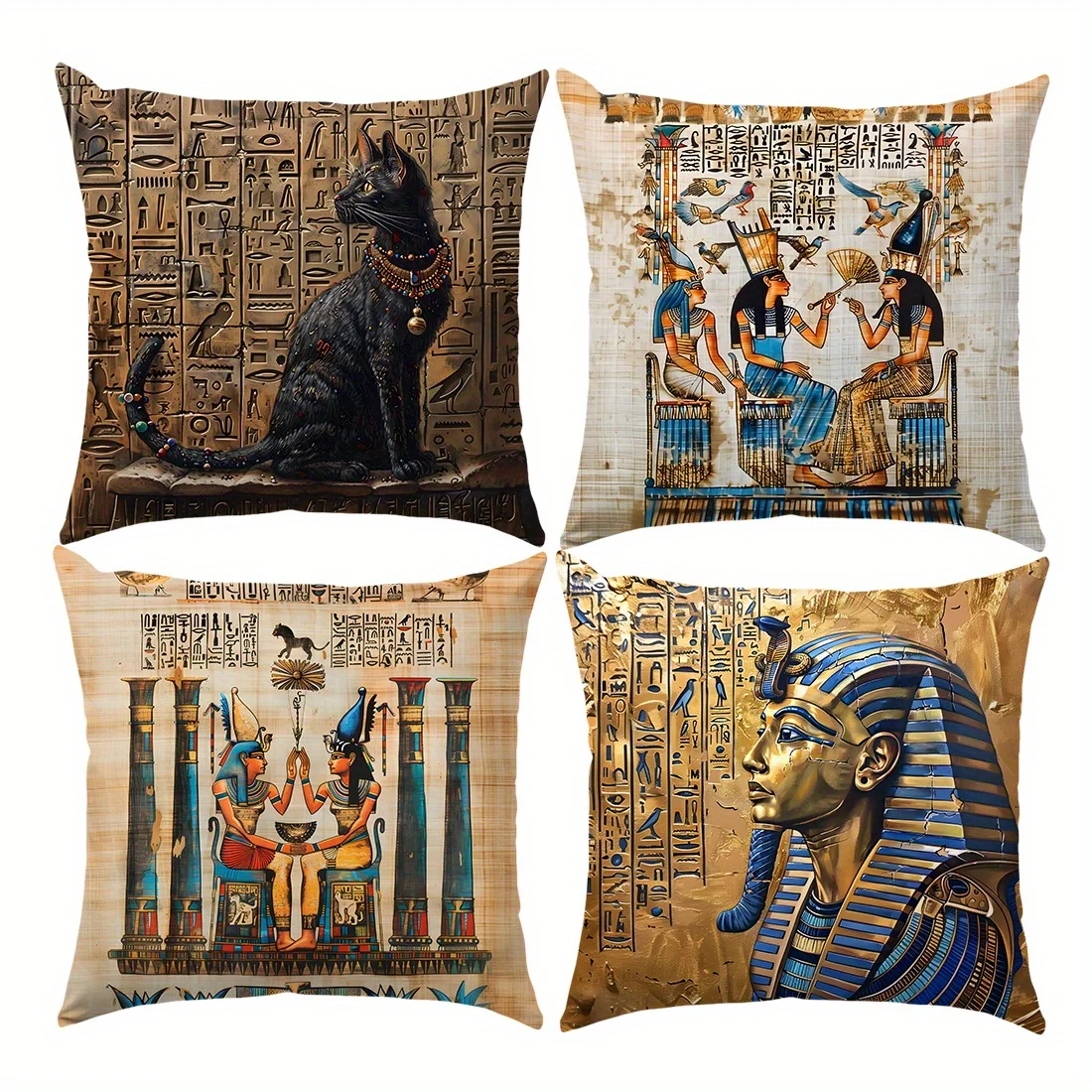 4Pcs Peach Skin Pillow Covers Ancient Egyptian Design Decorative Cushion Cases for Sofa Living Room (Inserts Not Included)