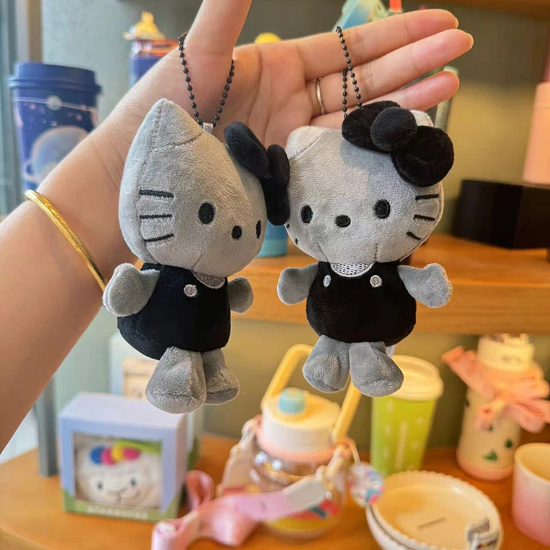 Sanrios – porte-clés en peluche gris charbon de bois Hellokittys, poupée suspendue, jouet pour sac à main, jouets de décoration, fourre-tout, accessoire cadeaux
