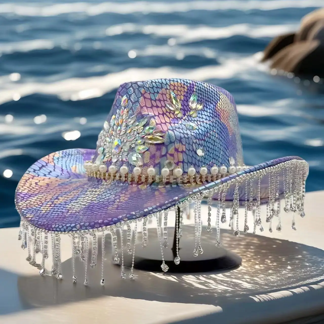 Festival Rhinestone Sombrero de vaquero Mujer para fiesta de vaquera - Traje de vaquera Mujer Cosplay Brillante para fiesta de vaquero Verano