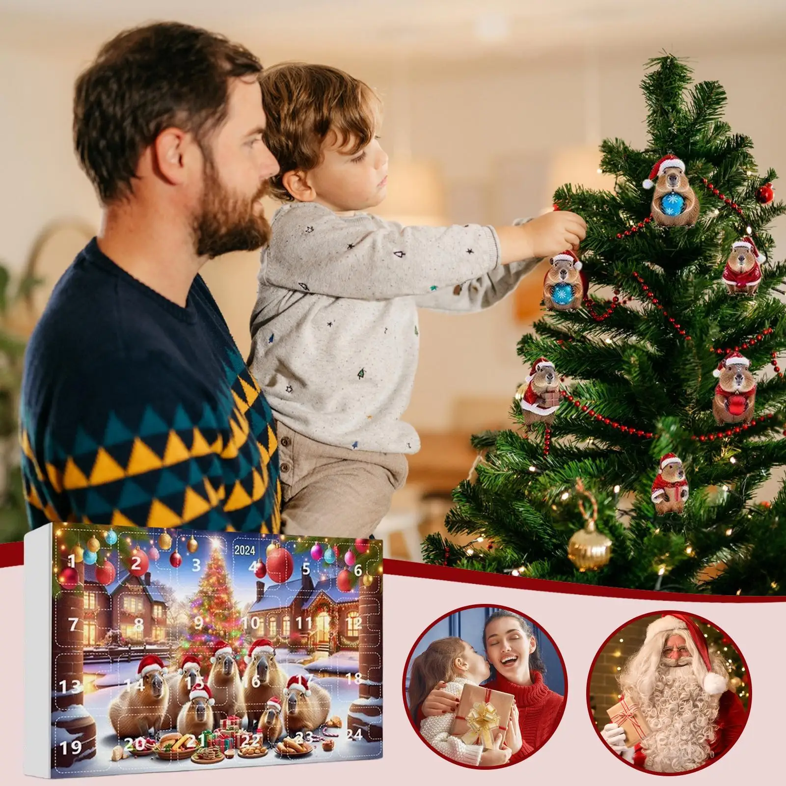 كابيبارا مجيء عيد الميلاد 24 يوما ثلاثية الأبعاد الاكريليك ديكور شجرة عيد الميلاد كابيبارا زخرفة 2025 العد التنازلي التقويم للمنزل جدار السيارة