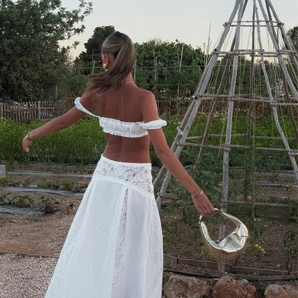 Maemukilabe Women Boho 2 Piece Outfits Y2k Lace Square Neck Tie Up Ruched Crop Tank Top + Maxi Skirt Set Holiday Beachwear