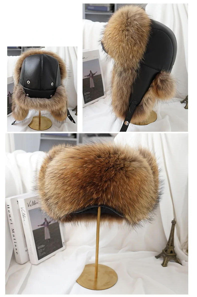 Neue Winter männer 100% Echt Silber Fuchs Pelz Bomber Hut Waschbären Pelz Uschanka Kappe Trapper Russische Mann Ski Hüte caps Echt Leder Top – Detail 5