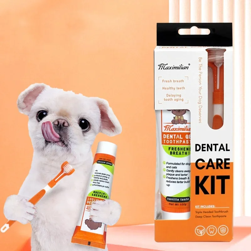 Pet Cat Toothbrush and Toothpaste Set for Teeth Cleaning Vanilla Toothpaste Finger Toothbrush Tongue Cleaning Accessories