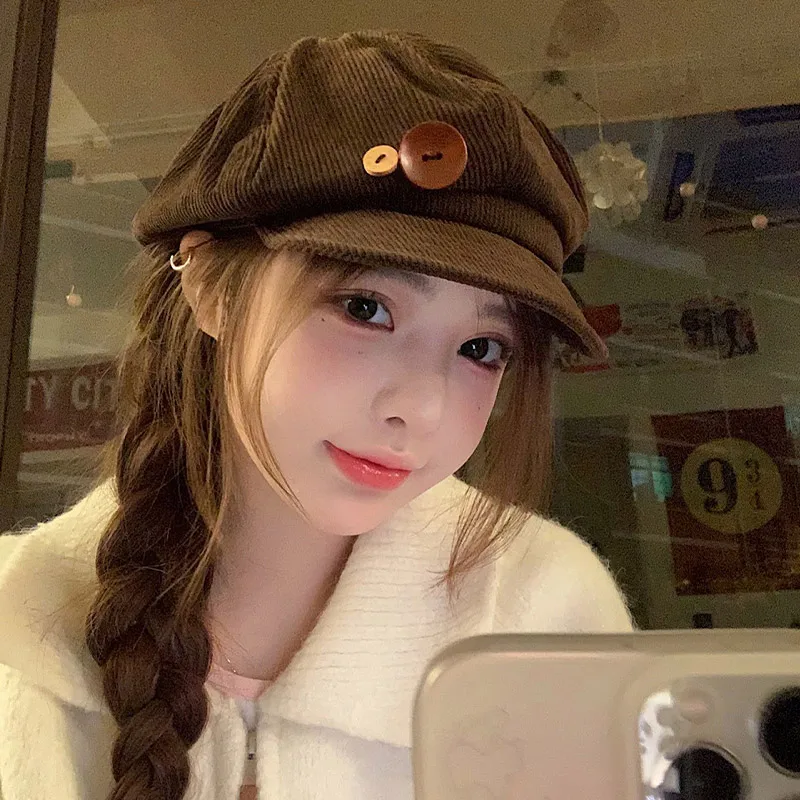 Retro Kapelusz Ośmiokątny z Sztruksu dla Kobiet, Kapelusz Malarski Artystyczny, Japońskie Dziewczyny, Brązowe Czapki z Daszkiem, Jesienno-Zimowe Berety