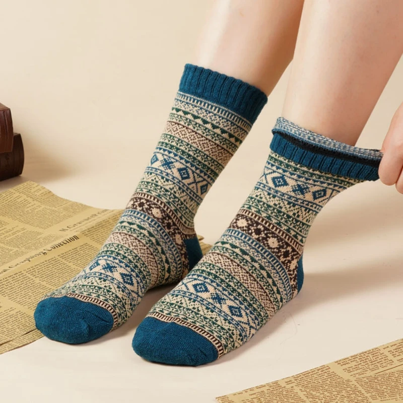 Ethnic Style Square Plaid Women Socks Vintage Style Elegant Beautiful Warm Thickened Soft Autumn and Winter Middle Tube Socks