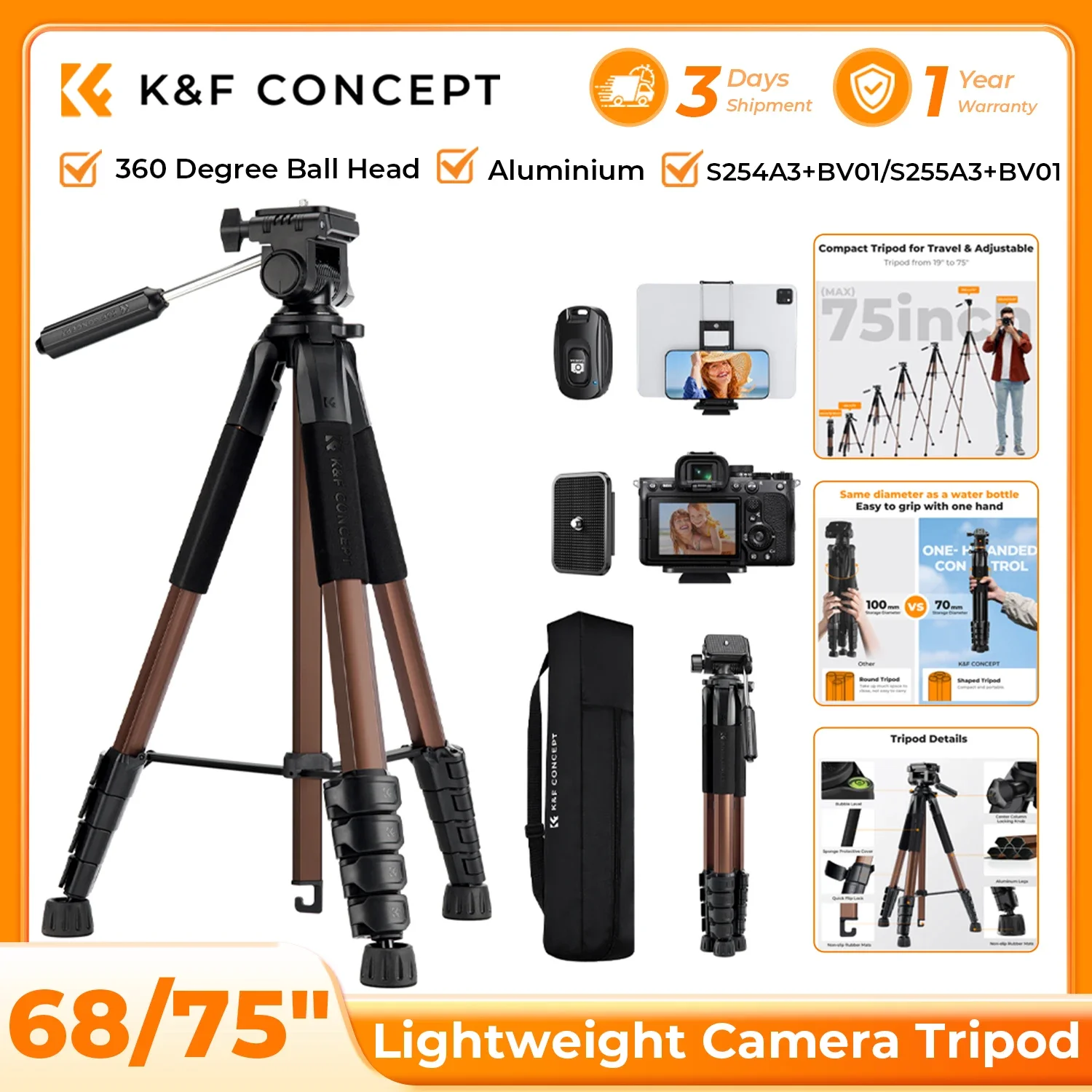 K&F CONCEPT Kamera-Stativ 172cm/190cm, Leichtes Tragbares Reise-Outdoor-DSLR-Stativständer für Kamera- und Handy-Videoaufnahmen
