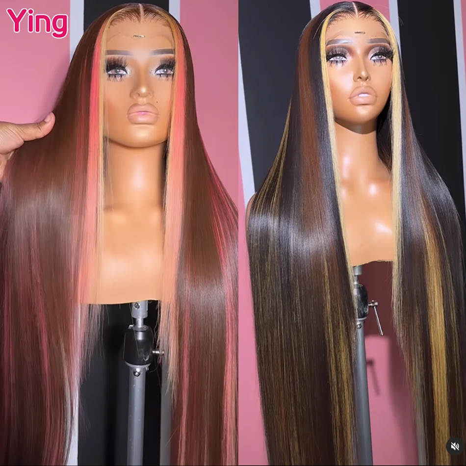 Ying Neapolitan สีชมพูสีน้ำตาล13x 6ลูกไม้ด้านหน้าวิกผมกระดูกตรง Peruvian180 % Remy 30นิ้ว13X4ลูกไม้ด้านหน้าวิกผม