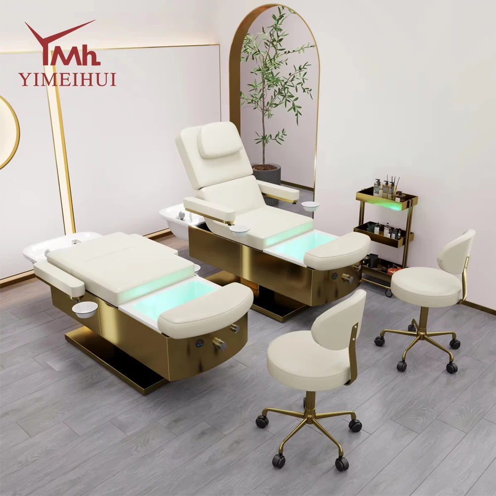 سرير تجميل متعدد الوظائف للعناية بالوجه، سرير تجميل قابل للتعديل كهربائيًا، سرير تدليك فروة الرأس مع حوض باديكير