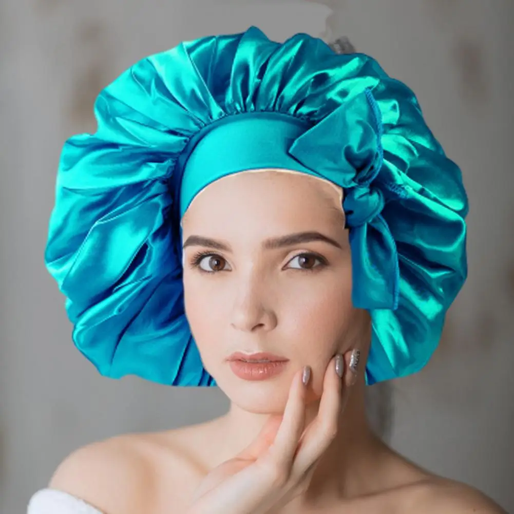 45cm Hair Cap Satin Bonnet Sleeping Bonnet Bow Decor Elastic Band High Density Women Braids Curly Night Hat Bath Shower Cap