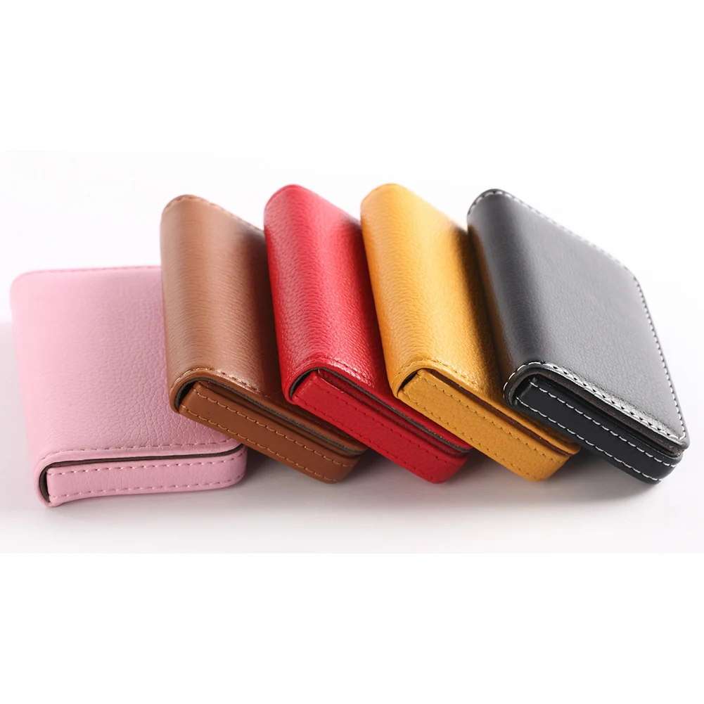 Business Card Holder with Magnetic Buckle Lychee Pattern Slim Pocket Name Card Holder Large Capacity Credit Card Case PU Leather