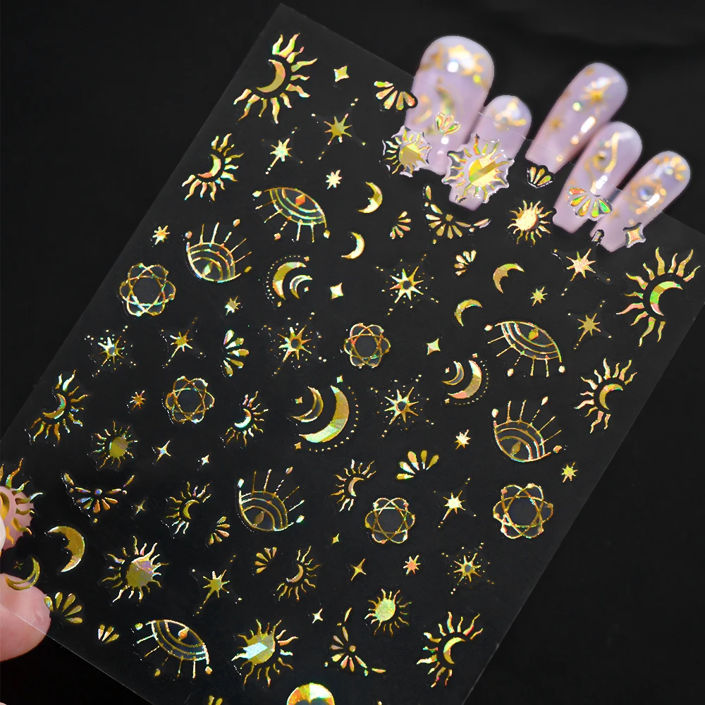 12 Stück 3D Gold Silber Laser Sonne Stern Mond Nail Art Aufkleber Y2K Sternenlicht Selbstklebende Slider Bronzing Bogen Blatt Maniküre Aufkleber