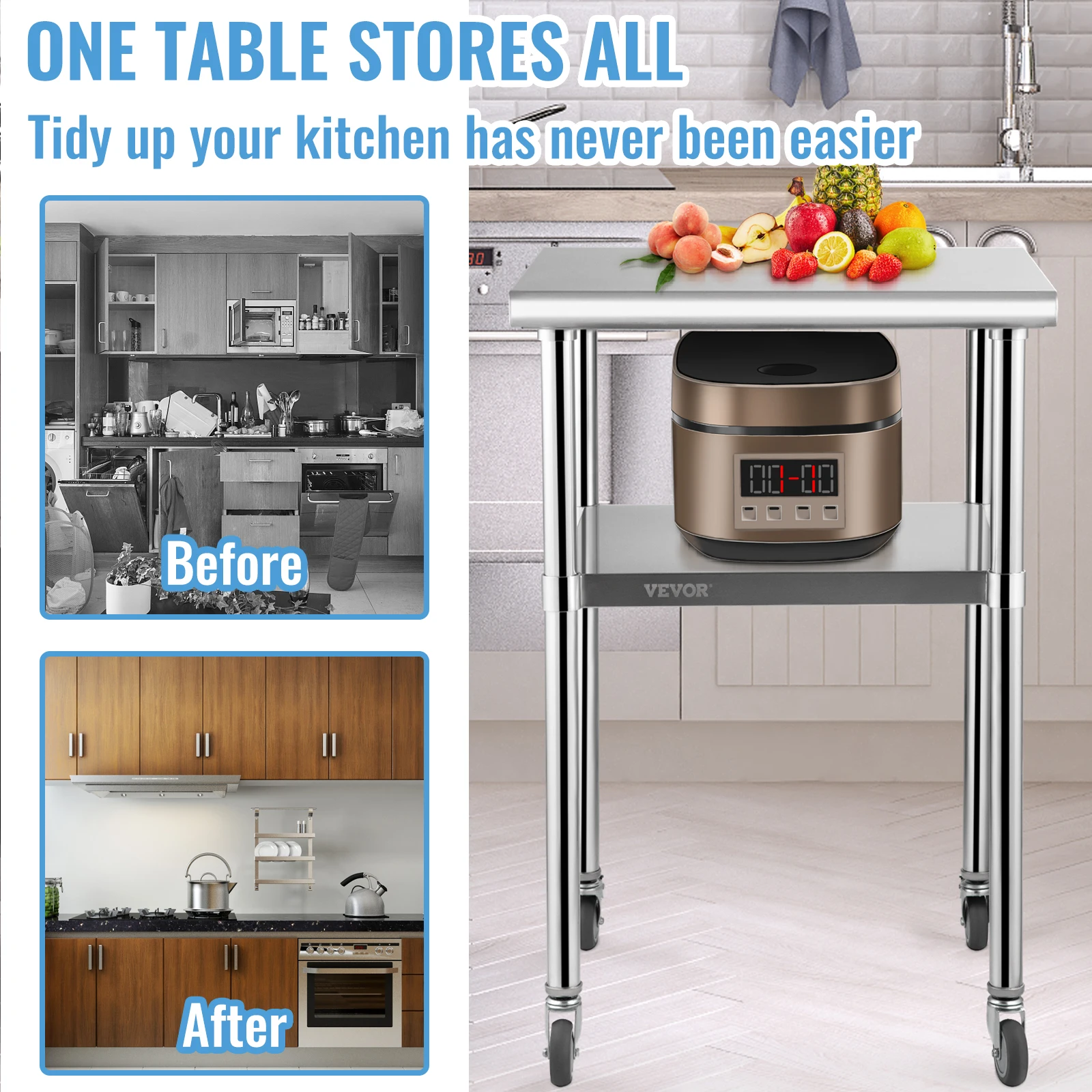 24 x 24インチ ステンレス製キッチン作業台 棚付き業務 - Commercial Kitchen Bench のレビューと価格