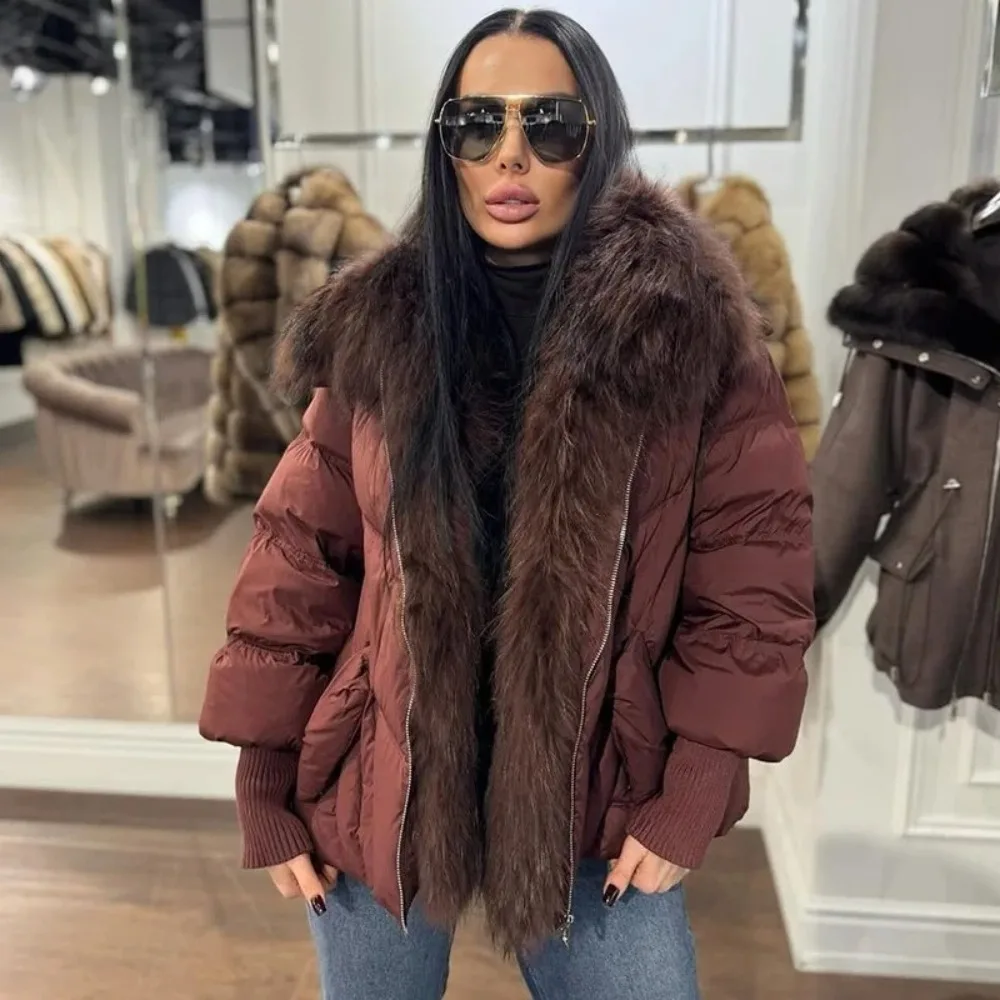 Reality Fur Coat New Winter Large Real Raccoon Fur Puffer Coat Women Knit Sleeve White Duck Down Jacket Oversized Feather Parka