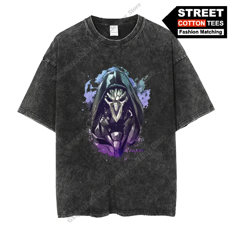 Overwatch Reaper Graffiti Style Print T Shirt Cotton Washed Retro Oversized T-shirts y2k Hip Hop Street Casual Unisex Loose Tees