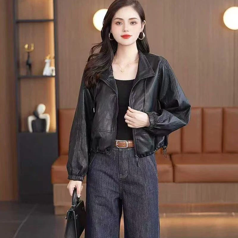 Chic Black Women Faux Leather Jacket Zip Up Lapel Collar Drawstring Hem Loose Oversized Pockets Streetwear Moto Outerwear Top