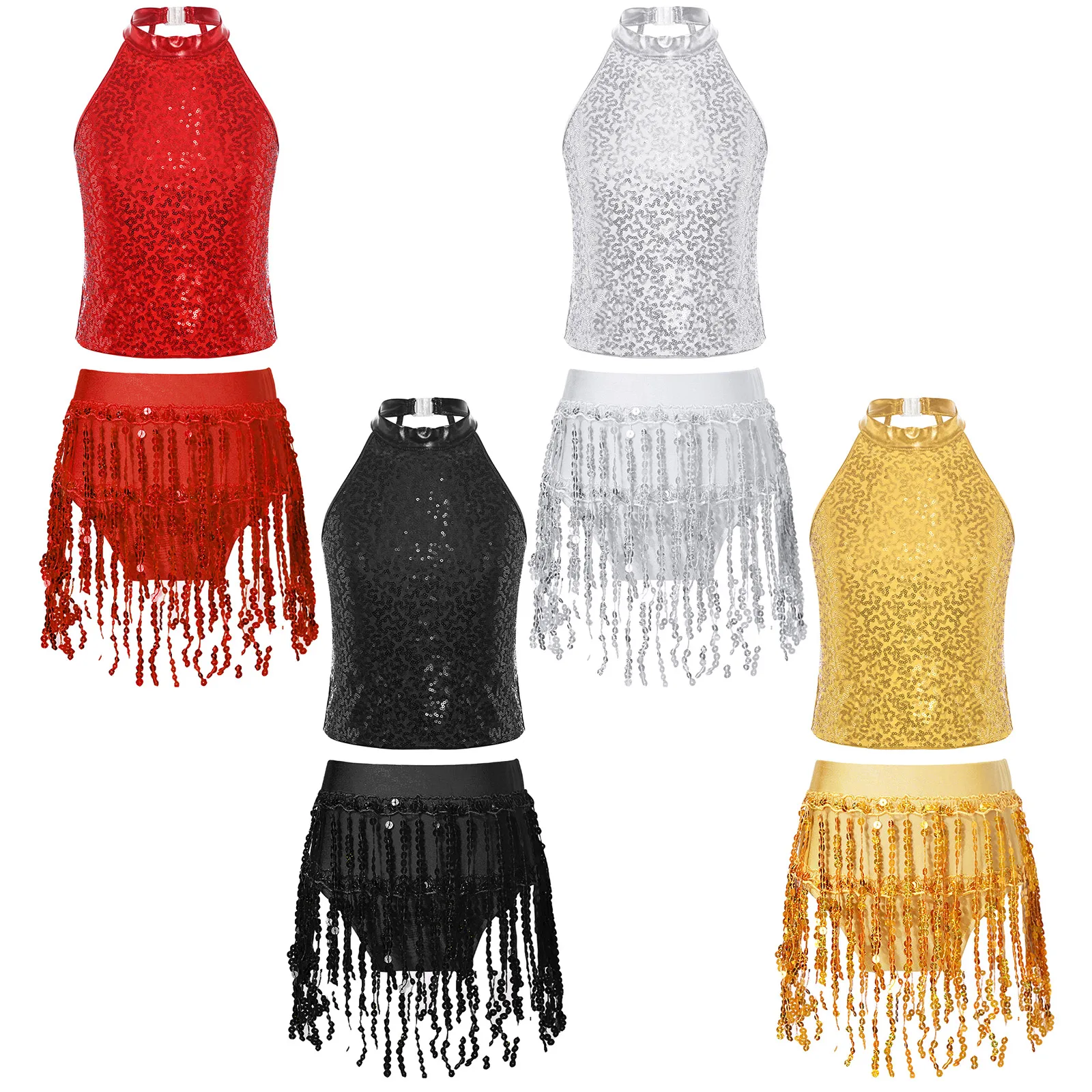 Lyrical Girls Gymnastics Jazz Dance Costumes Sparkling Halter Sleeveless Crop Top with Sequined Tassel Briefs Jazz Latin Outfit