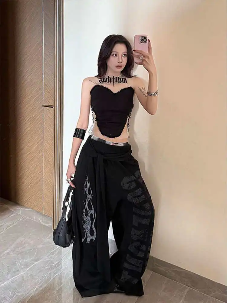 

Винтажные американские брюки Waed с принтом пламени, свободные широкие штаны, женские повседневные спортивные брюки в уличном стиле, модные