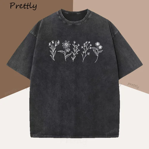 Camiseta de flores silvestres, camiseta con gráfico floral natural, camiseta informal de algodón de manga corta vintage, camiseta holgada de gran tamaño lavada de verano