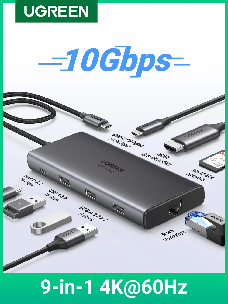 UGREEN 9-in-1 USB HUB Type-C naar 4K60Hz HDMI 10Gbps USB C&A 1000Mbps RJ45 PD100W SD&TF voor Laptop Accessoires MacBook Pro Dell HP - afbeelding 2