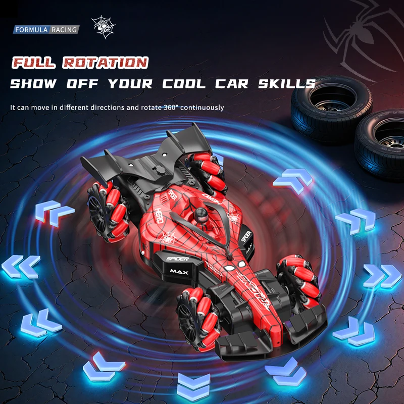 F1スパイダーリモコンレーシングカー、スプレーライト特殊効果ドリフト機能搭載、360度回転対応デュアルリモコン付き °   回転