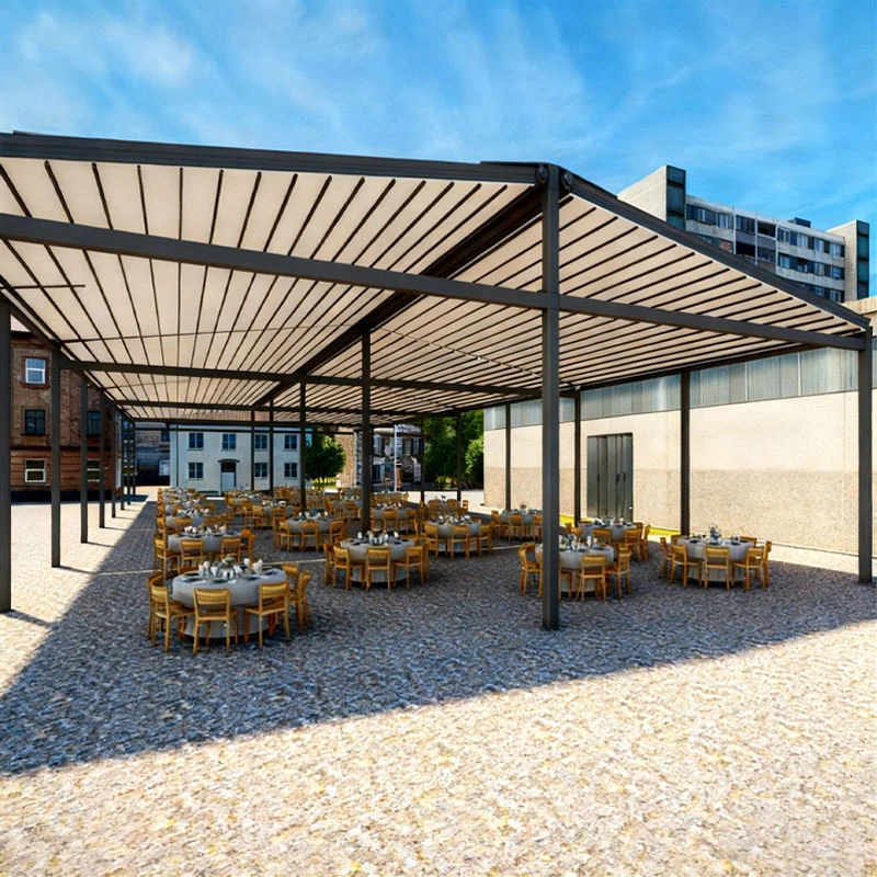 Motorized waterproof sunproof PVC retractable pergola roof awning folding cannopy with LED for garden patio shop Outdoor dining