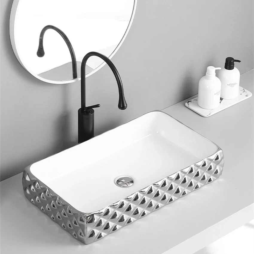 Lavabo de mesa integrado galvanizado, lavabo Rectangular para el hogar, Hotel, ingeniería, arte de cerámica, 600x340x110mm