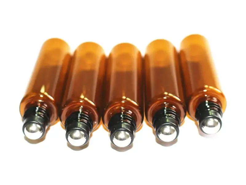 20pcs/lot 10ml Glass Roller Bottle Brown Roll on Bottles Sample Vials with Stainless Steel Ball and Aluminum Gold Silver Cap