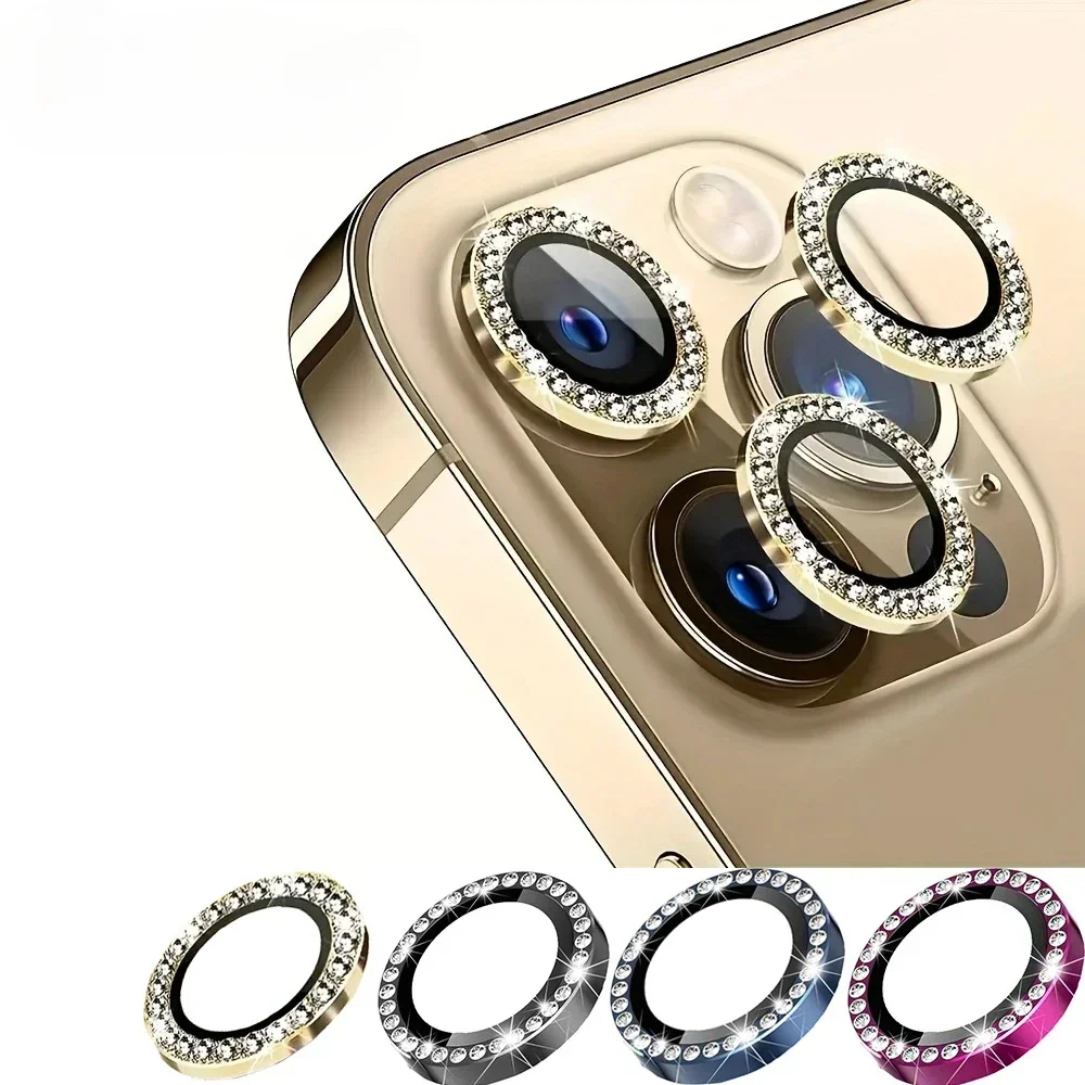 2-3Pcs Bling Diamond Metal Ring Camera Lens Protector For IPhone 16 15 Pro Max Plus 12 Mini 16Pro Glitter Tempered Glass Cover
