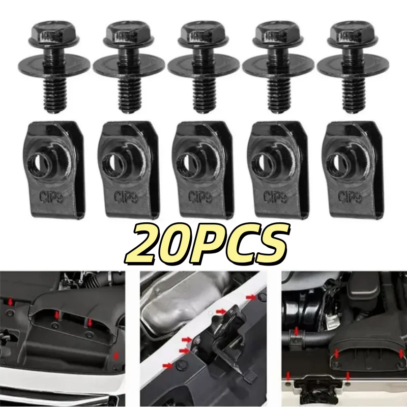 20Pcs M6 U-Shaped Auto Clips Kit Self Tapping Screws with Body Bolt Clips for Car Engine Hood Bumper Panel Fastening